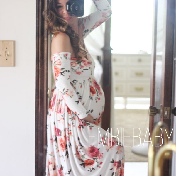 Sweetheart Baby shower dress/ special event/ bohemian Long sleeve floral Maternity dress for photo shoot