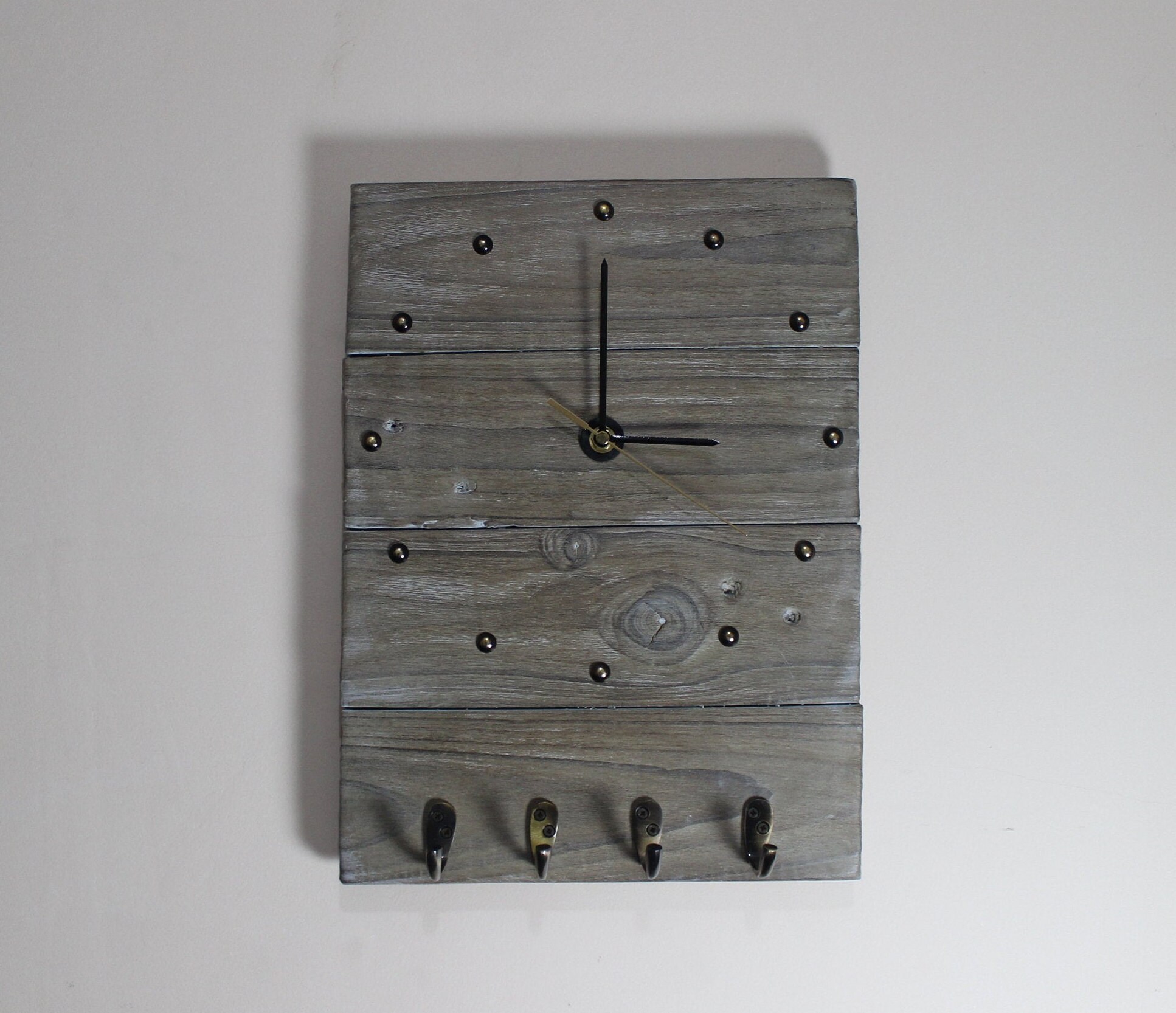 Large Wall Clock wood Wall Hanging Key Holder Rustic Handmade Etsy