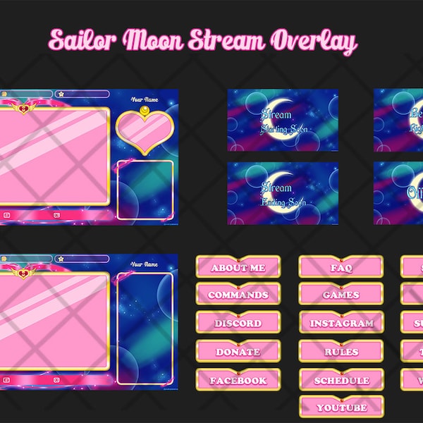 Animated Sailor Moon Twitch Overlay Package, Usagi - Webcam Chat Boxes, Stream, streaming