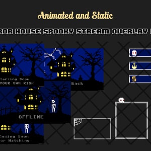 Retro Pixel Horror House Spooky Twitch Overlay Set - Animated Starting, Ending, and BRB, Chat Boxes, Stream, streaming