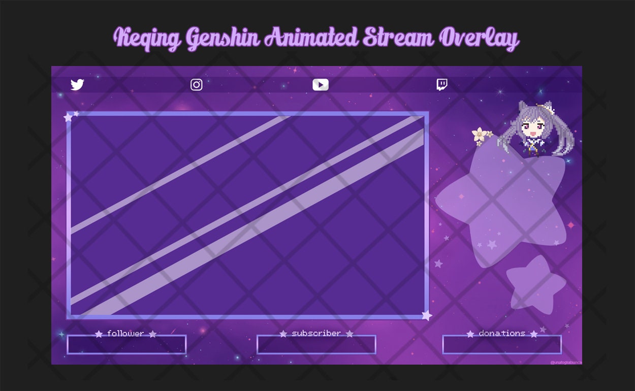 Retro Pixel Keqing Genshin Impact Twitch Overlay Animated, Webcam, Chat Boxes, Stream, Streaming