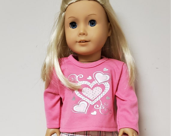 18 inch Doll 4 piece Pink Heart Outfit. Skirt, Top, and your choice of boots or shoes
