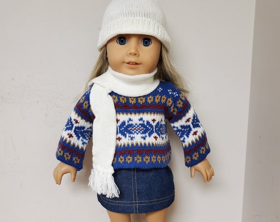 Blue sweater outfit for any 18-inch doll. 5 pieces