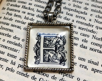 E Initial Necklace with vintage book page