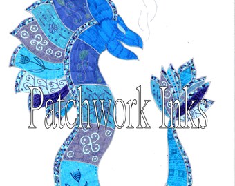 patchwork dragon, layered blue inks