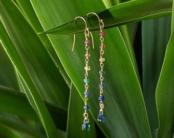 Vibrant Rainbow of Precious Gems: Ruby, Emerald, Sapphire and Tourmaline Earrings