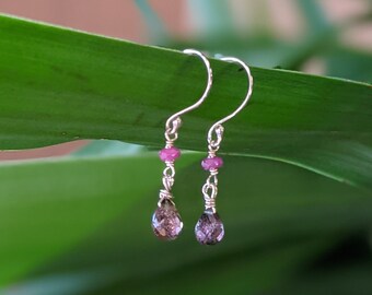 Pink Rubellite Tourmaline and Ruby Drop Earrings