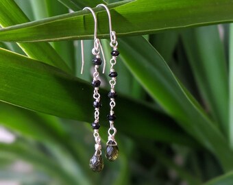 Black Garnet and Green Tourmaline Drop Earrings