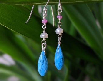 Turquoise, Ruby and Freshwater Pearl Drop Earrings