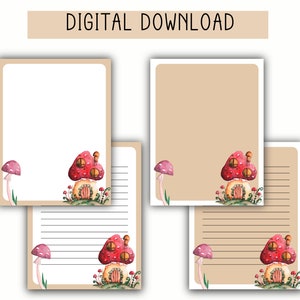 Set di cancelleria stampabile PDF in formato Lettera USA, pacchetto di carta per cancelleria con download istantaneo, Set di funghi n.2, Pagine di cancelleria con funghi acquerello