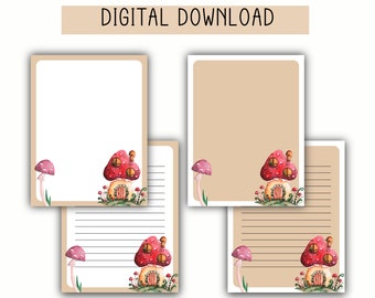 Set di cancelleria stampabile PDF in formato Lettera USA, pacchetto di carta per cancelleria con download istantaneo, Set di funghi n.2, Pagine di cancelleria con funghi acquerello