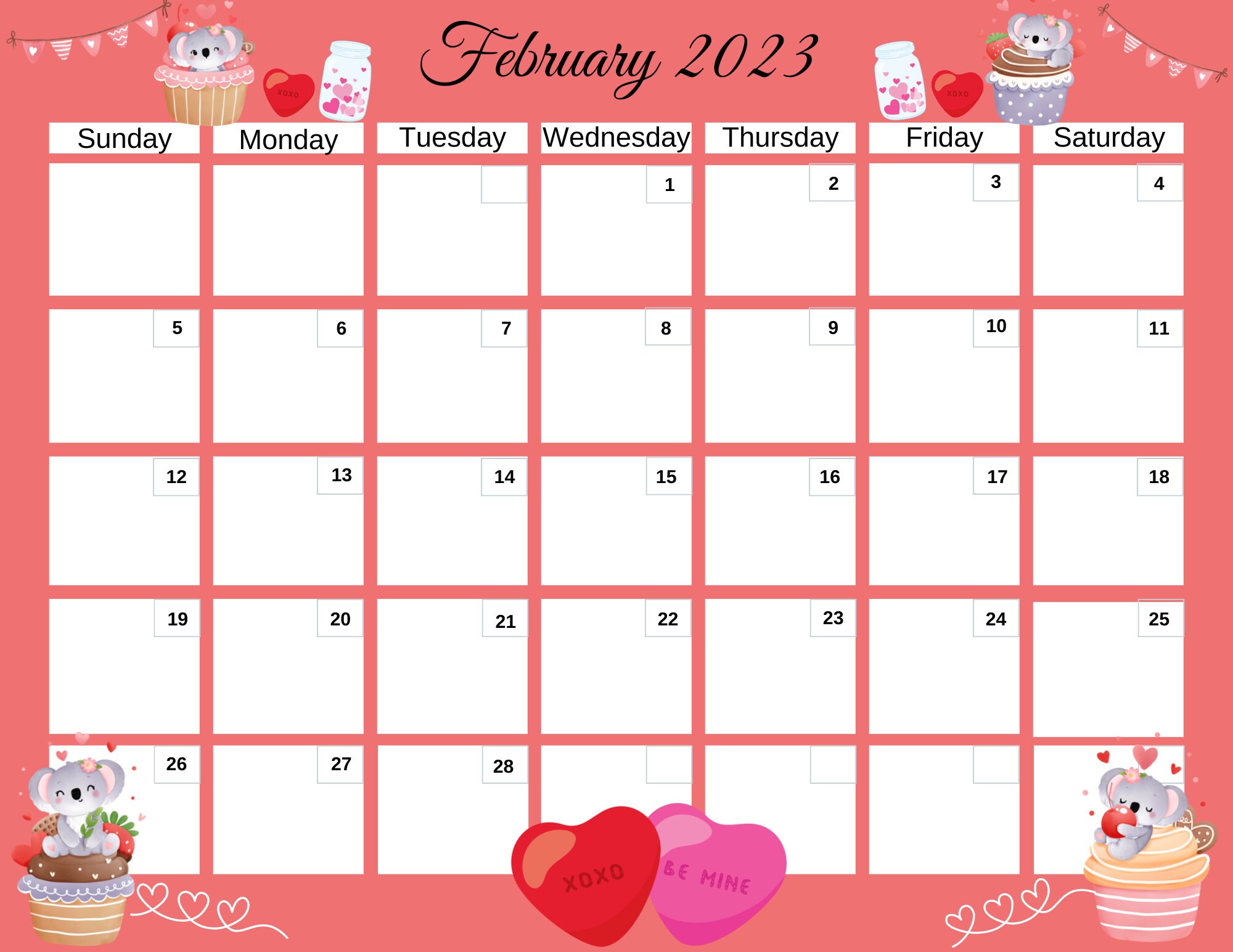 February 2023 Calendar Winter 2023 Romantic Valentine's - Etsy