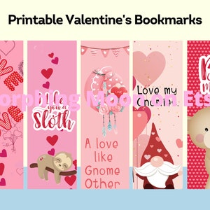 Valentine&#39;s Day 2024 Bookmarks, Cute Sloth Gnome Bear Valentine&#39;s Day, Printable Bookmarks 2024, Instant Download