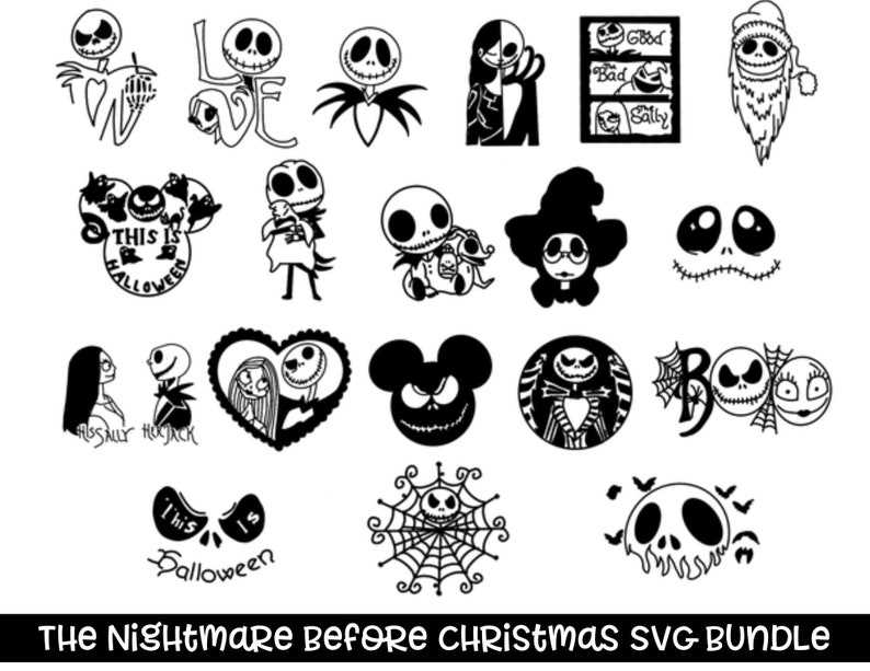 Puede incluir: Un conjunto de 20 ilustraciones digitales en blanco y negro con personajes de la pel&iacute;cula Pesadilla antes de Navidad. Las ilustraciones incluyen a Jack Skellington, Sally, Oogie Boogie y otros personajes de la pel&iacute;cula. El texto "This is Halloween" y "Bad Sally" tambi&eacute;n est&aacute;n incluidos en el conjunto.