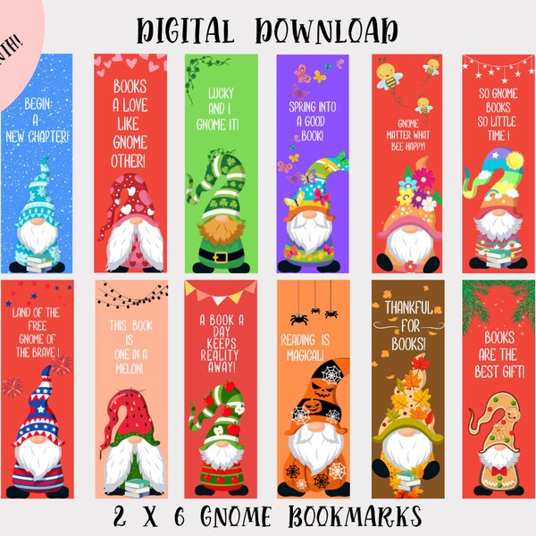 Gnome Holidays Bookmarks Set Gnome Winter Spring Summer Fall Gift Mother's Day Gift Set Of 4 Digital Prints 12 Printable Bookmarks