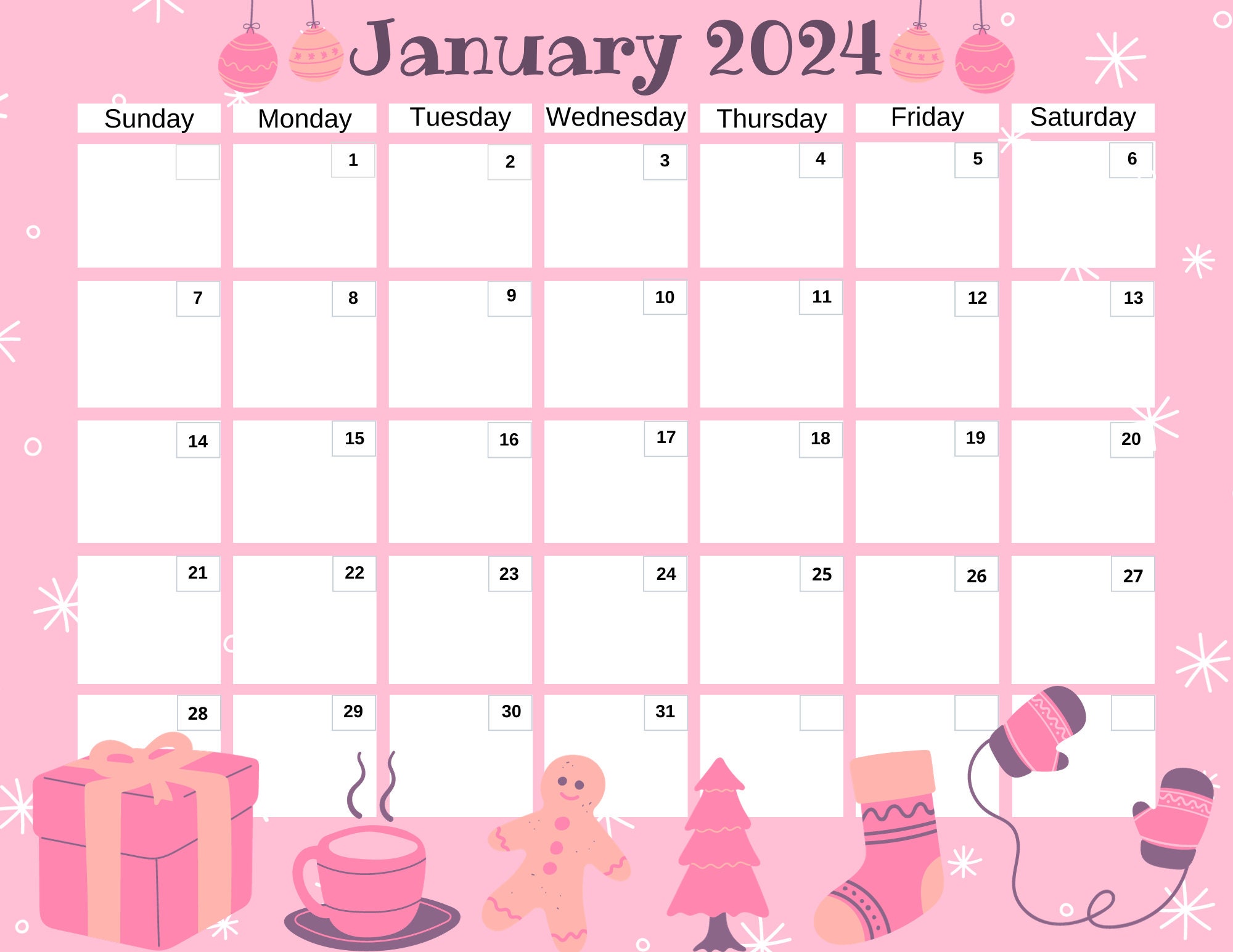January 2024 Calendar, Winter 2024, Snowflakes Gingerbread Mittens