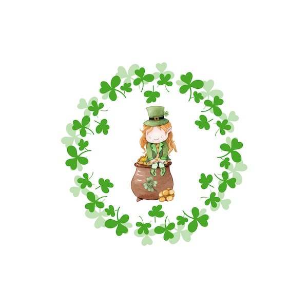 Little Irish Girl PNG, Irish Shamrock Wreath St. Patrick's Day Instant Download, Cute St. Paddy's Clovers clipart design PNG File