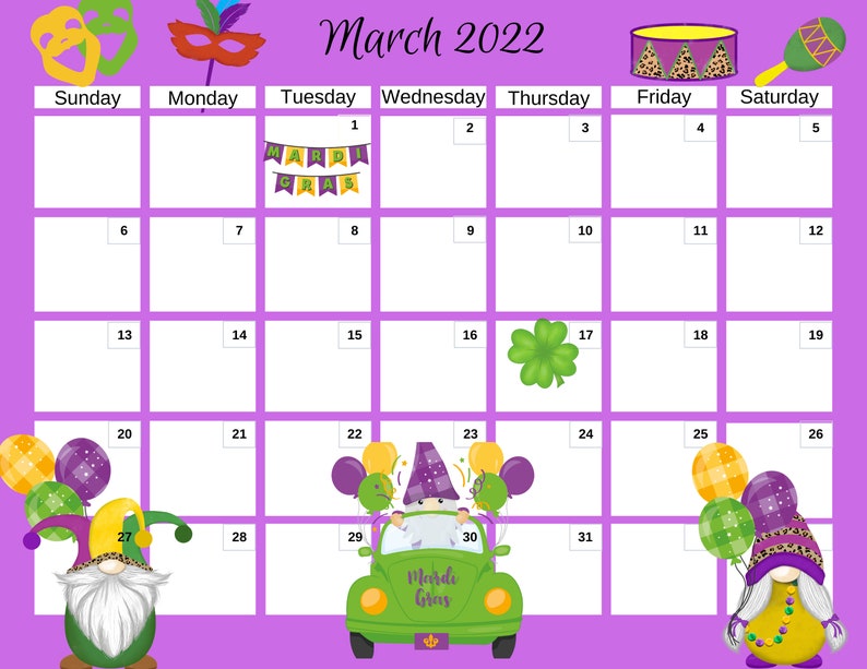 March 2022 Printable Calendar Mardi Gras Themed Adorable Etsy