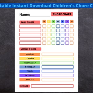 Printable Chore Chart Planner Instant Download Daily Chores Weekly Chores For Kids Children Young Adults