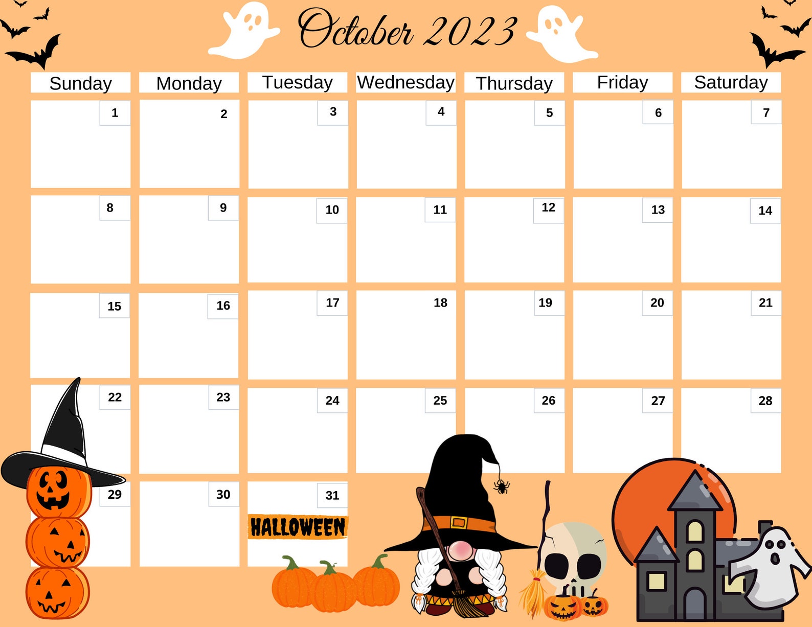 October 2023 Calendar Fall 2023 Halloween Witches Skulls Etsy Australia