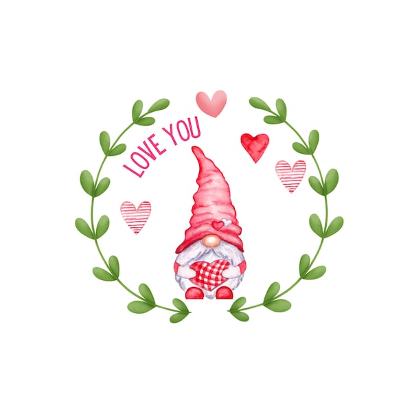 Gnome Love You PNG, Hearts Wreath Valentine's Day Instant Download, Cute V-Day clipart design PNG File