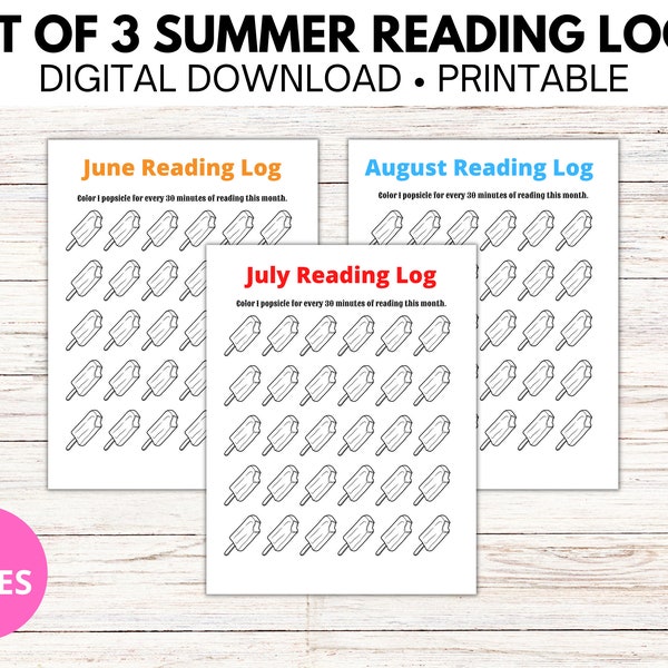 Summer Reading Logs Set of 3 June July August Popsicles Reading Logs Digital Download Printable