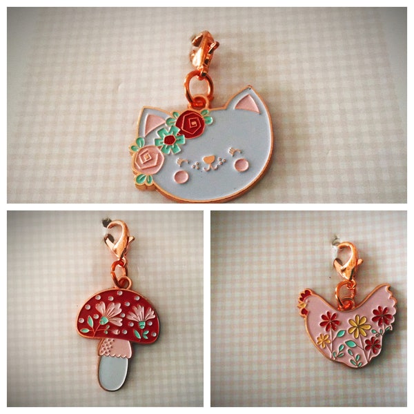 Pink Chicken , White Kitty or Mushroom with Flowers Charm Zipper Pulls by Poppie Cotton