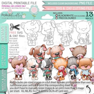 Perro, gato, osos Big Bundle Lindo animal criaturas Sello digital Clipart imprimible para tarjetas, fabricación de tarjetas, artesanía, pegatinas -