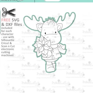 Evie with Poinsettia Elvis Wesley Moose - printable craft digital stamp download with free SVG /DXF files