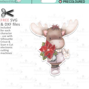 Evie with Poinsettia (precoloured) Elvis Wesley Moose - printable craft digital stamp download with free SVG /DXF files