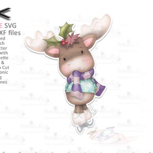Christmas Ice Skating (precoloured) Elvis Wesley Moose - printable craft digital stamp download with free SVG /DXF files