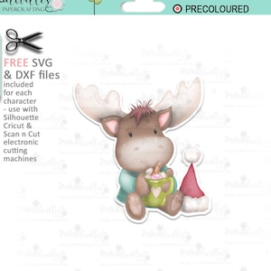 Hot Chocolate Christmas (colour) Elvis Wesley Moose - printable craft digital stamp download with free SVG /DXF files