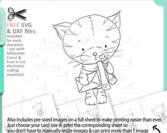 Puede incluir: Archivo digital imprimible con un gato de dibujos animados en blanco y negro sosteniendo una carta con un corazón. Incluye archivos SVG y DXF para máquinas de corte. El archivo también incluye imágenes prediseñadas para varios tamaños de tarjetas. El texto de la imagen dice "Polkadoodles".