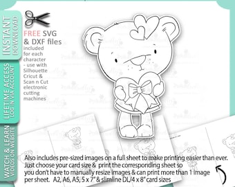 Puede incluir: Ilustración en blanco y negro de un oso sosteniendo un corazón con un lazo. La imagen incluye el texto "FREE SVG & DXF files included for each character - use with Silhouette Cricut & Scan n Cut electronic cutting machines".