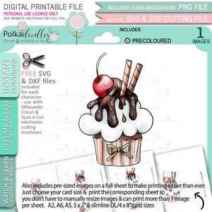 Cherry Chocolate Sundae Cupcake (precoloured) - Cute Digital Stamp printable clipart for cards, cardmaking, craft, stickers