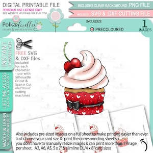 Cherry Cream Cupcake (color) Sello digital clipart imprimible para tarjetas, fabricación de tarjetas, artesanía, pegatinas