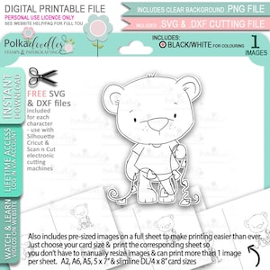 Bobby Bear with Heart Bunting - Too Cute printable craft digital stamp download with free SVG /DXF files