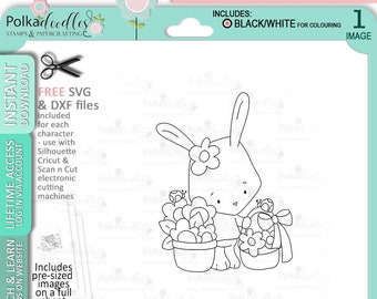 Easter Bunny Rabbit with Easter egg basket - Cute Digital Stamp printable clipart for cards, cardmaking, craft, stickers