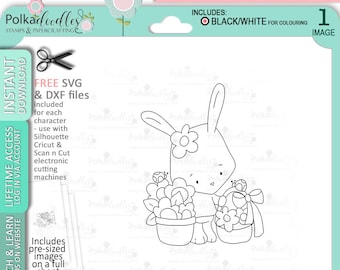 Easter Bunny Rabbit with Easter egg basket - Cute Digital Stamp printable clipart for cards, cardmaking, craft, stickers