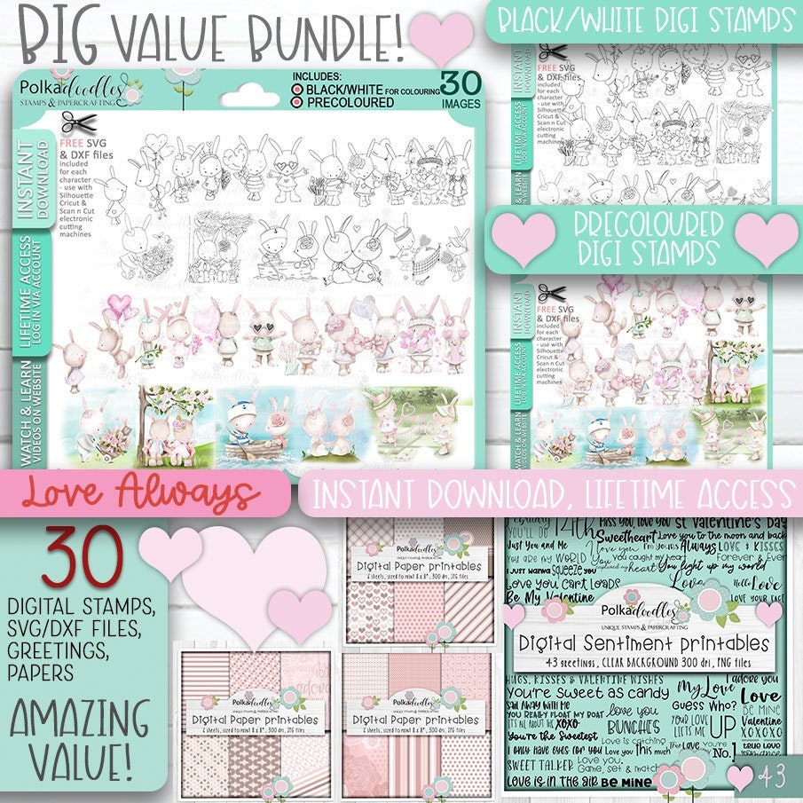 Love/Romance cute bunny rabbit HUGE value bundle - Cute Digital Stamp printable clipart for cards, cardmaking, craft, stickers