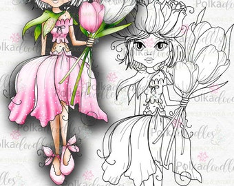 Darling Buds Tulip Fairy Flower girl - Cute Digital Stamp printable clipart for cards, cardmaking, craft, stickers