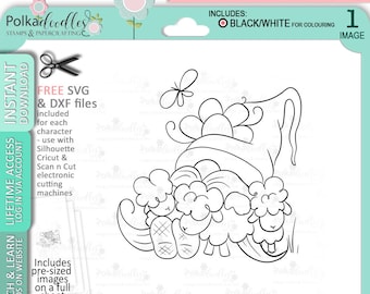 Easter/Spring Gnome with sheep/lambs - Cute Digital Stamp printable clipart for cards, cardmaking, craft, stickers -