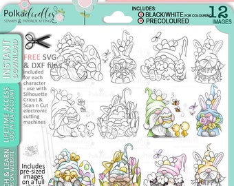 12 Easter/Spring Gnomes, chicks/easter eggs - Big Value bundle Cute Digital Stamp printable clipart for cards, cardmaking, craft, stickers -