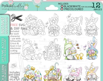 12 Easter/Spring Gnomes, chicks/easter eggs - Big Value bundle Cute Digital Stamp printable clipart for cards, cardmaking, craft, stickers -