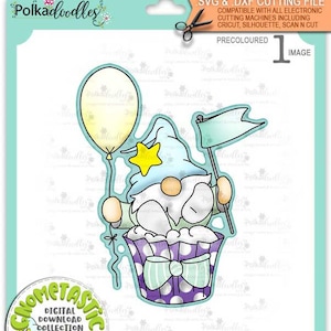 Spring Gnome cupcake surprise balloon (Colour light skintone) - Cute Digital Stamp printable clipart for cards, cardmaking, crafting