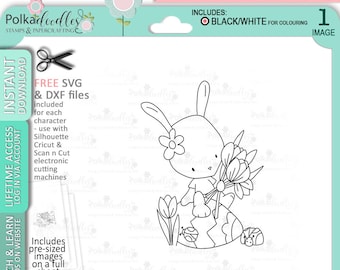 Easter Bunny Rabbit with Easter eggs - Cute Digital Stamp printable clipart for cards, cardmaking, craft, stickers