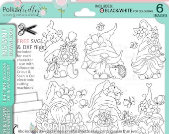 Spring Flower Gnome value bundle - 6 x Cute Digital Stamp printable clipart for cards, cardmaking, craft, stickers -