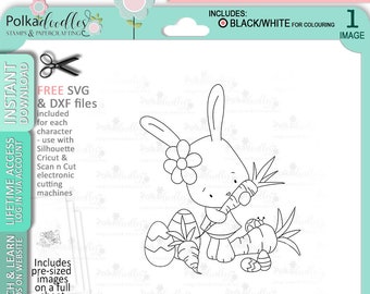 Easter Bunny Rabbit with Carrots and Easter eggs - Cute Digital Stamp printable clipart for cards, cardmaking, craft, stickers