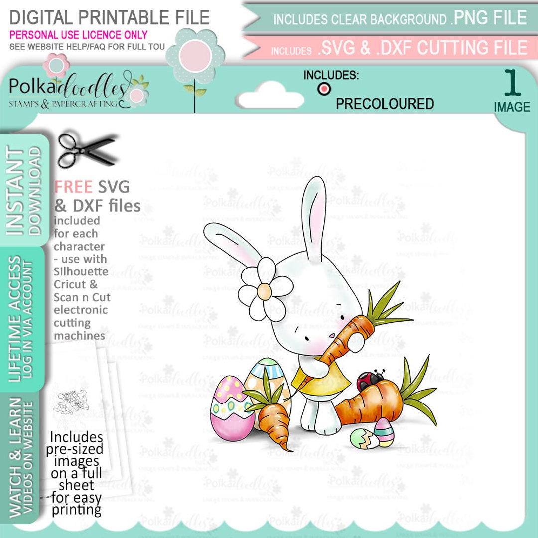 Easter Bunny Rabbit With Carrots and Easter Eggs Color Cute Digital ...