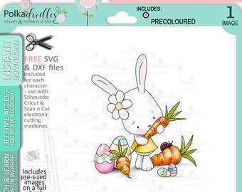 Easter Bunny Rabbit with Carrots and Easter eggs - Color Cute Digital Stamp printable clipart for cards, cardmaking, craft, stickers